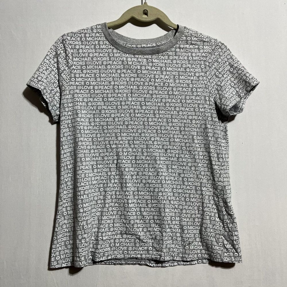 Michael Kors T-Shirt Women's Small Gray Cotton Graphic Print Peace Love Pullover